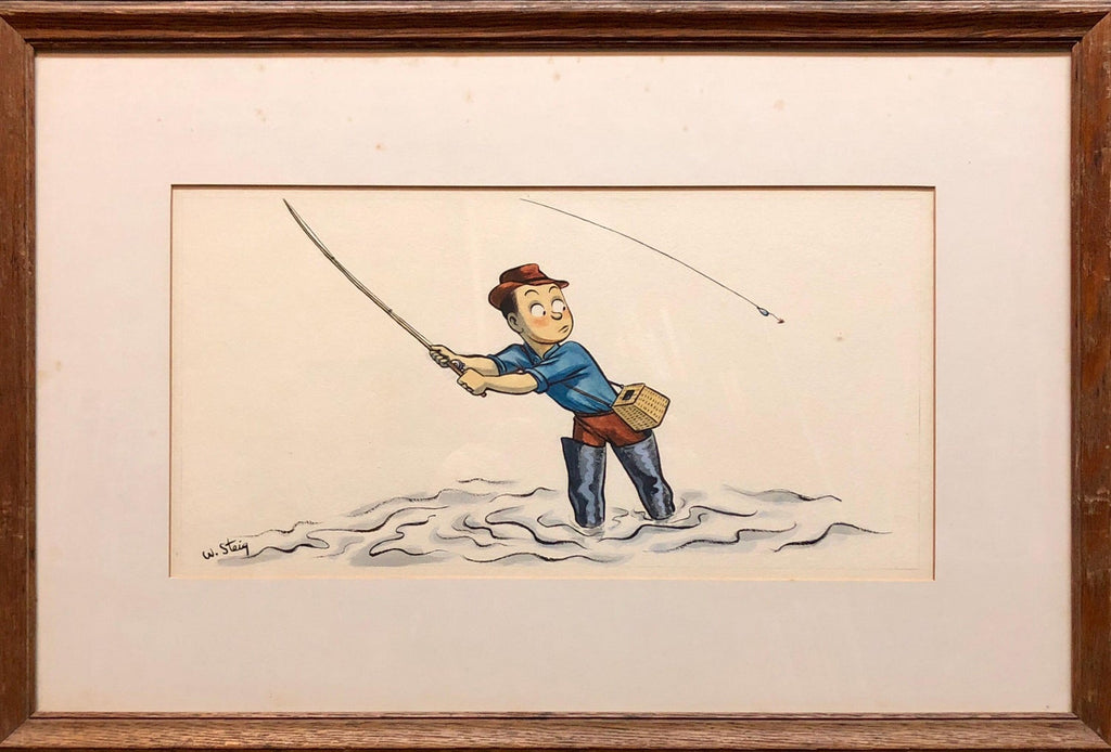 Whimsical Fishing Illustration Cartoon 1938 Mt Tremblant Ski Lodge William Steig