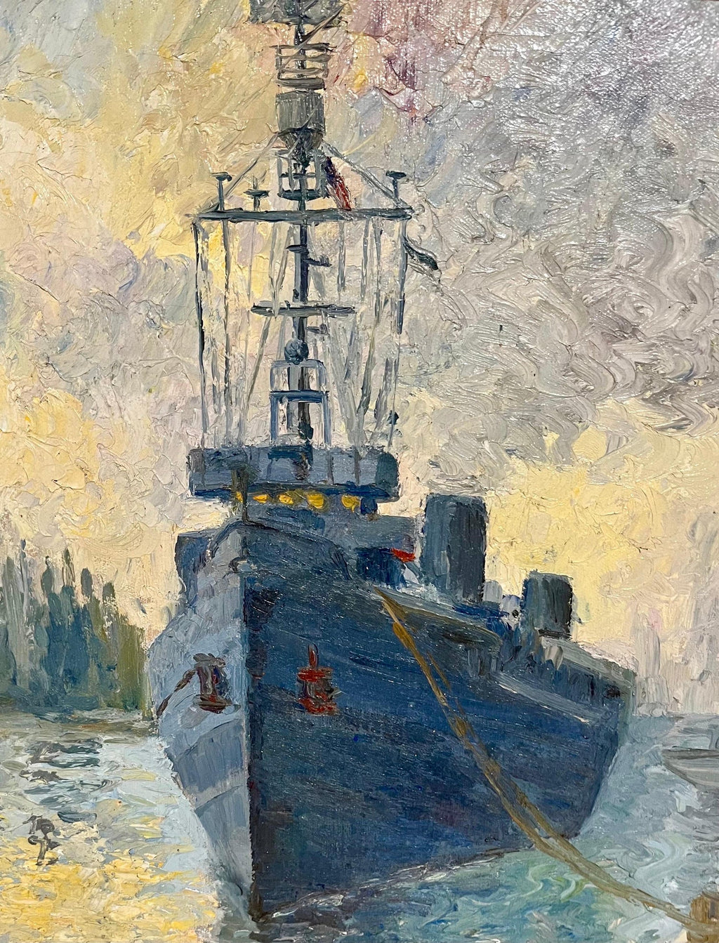 Oil Painting Harbor Scene with Naval Ships Sailors & Boats Hildegarde Hamilton
