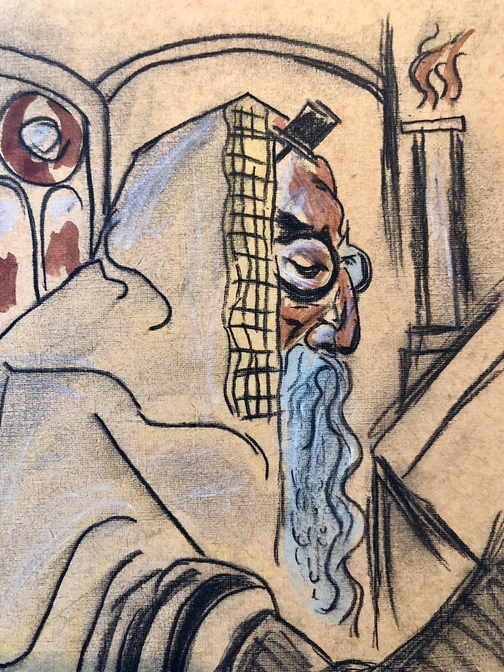 Rare Modernist Hungarian Rabbi Pastel Drawing Gouache Painting Judaica Art Deco