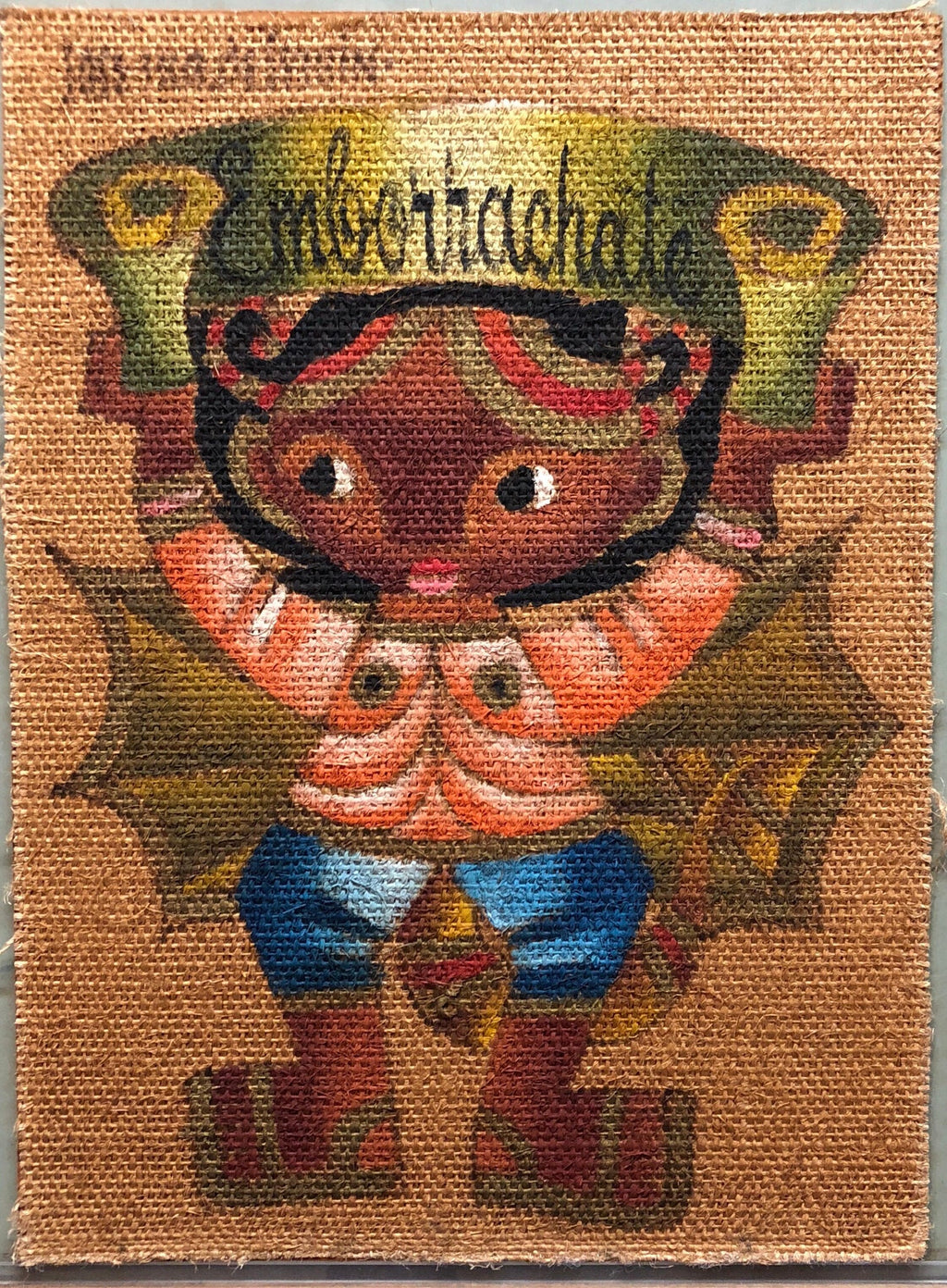 Folk Art Mexican Girl "Emborrachate" Oil Painting on Burlap