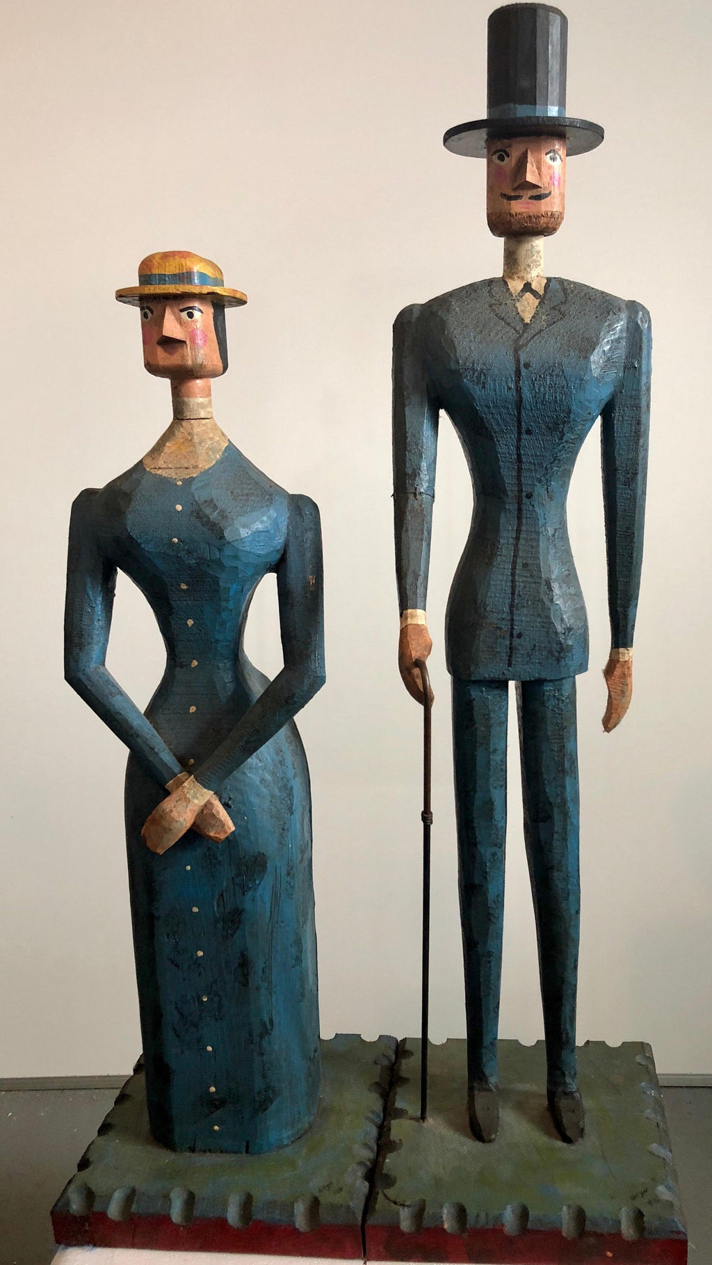 Hand Carved Painted Wood Folk Art Americana Sculpture Pair American Gothic