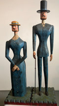 Hand Carved Painted Wood Folk Art Americana Sculpture Pair American Gothic