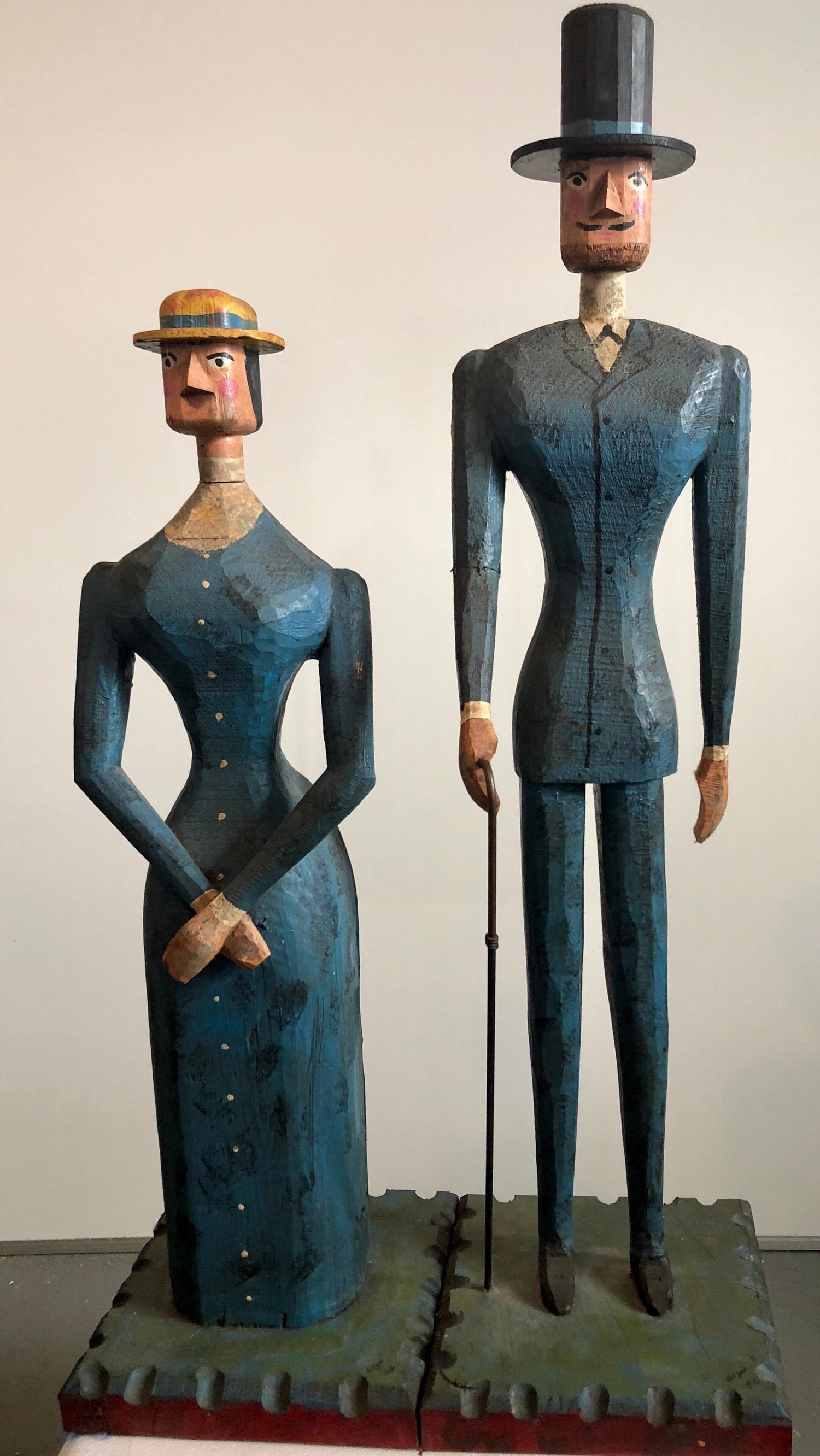 Hand Carved Painted Wood Folk Art Americana Sculpture Pair American Gothic