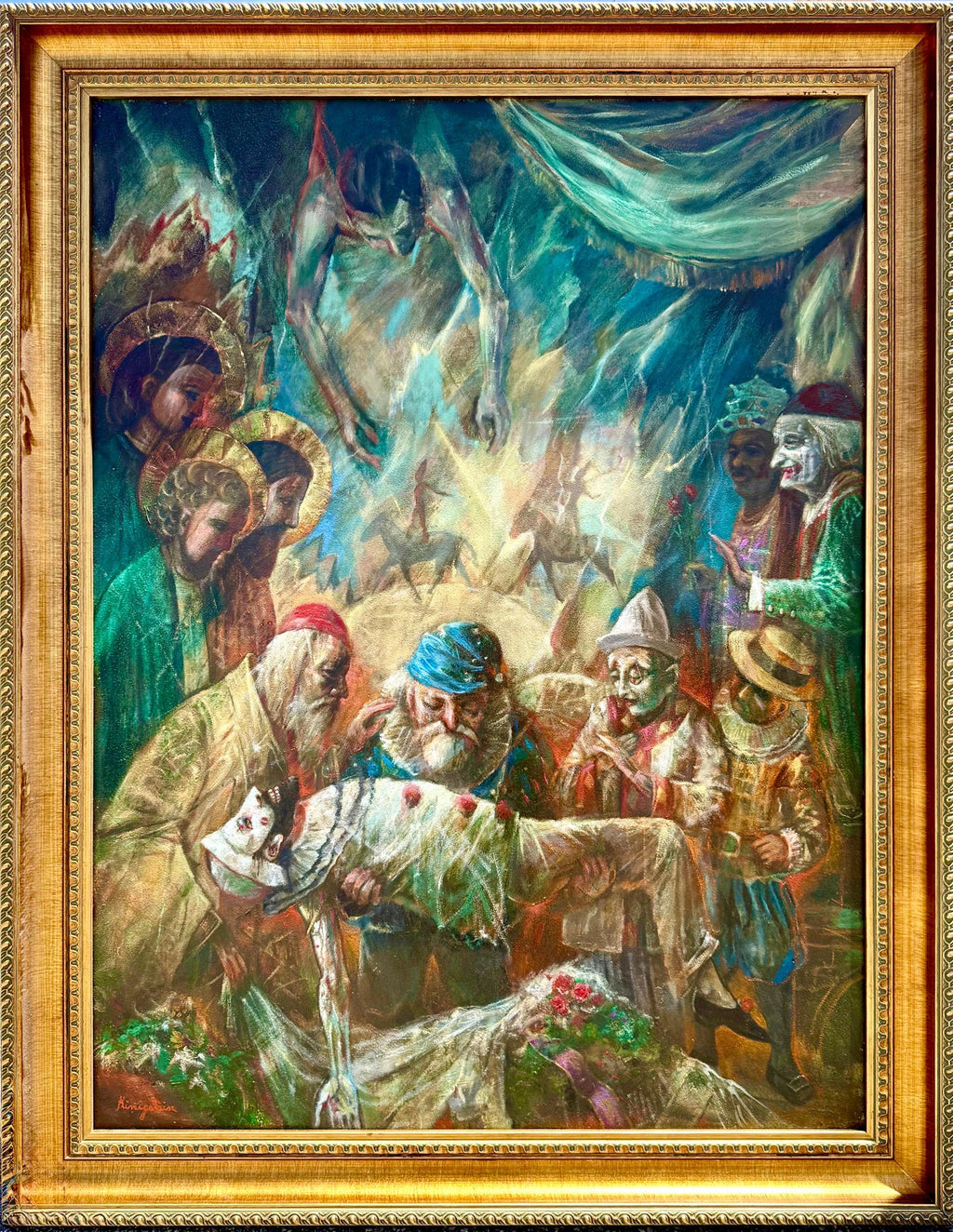 Large Oil Painting Circus Scene Clowns Rediscovered NY Artist Jonah Kinigstein