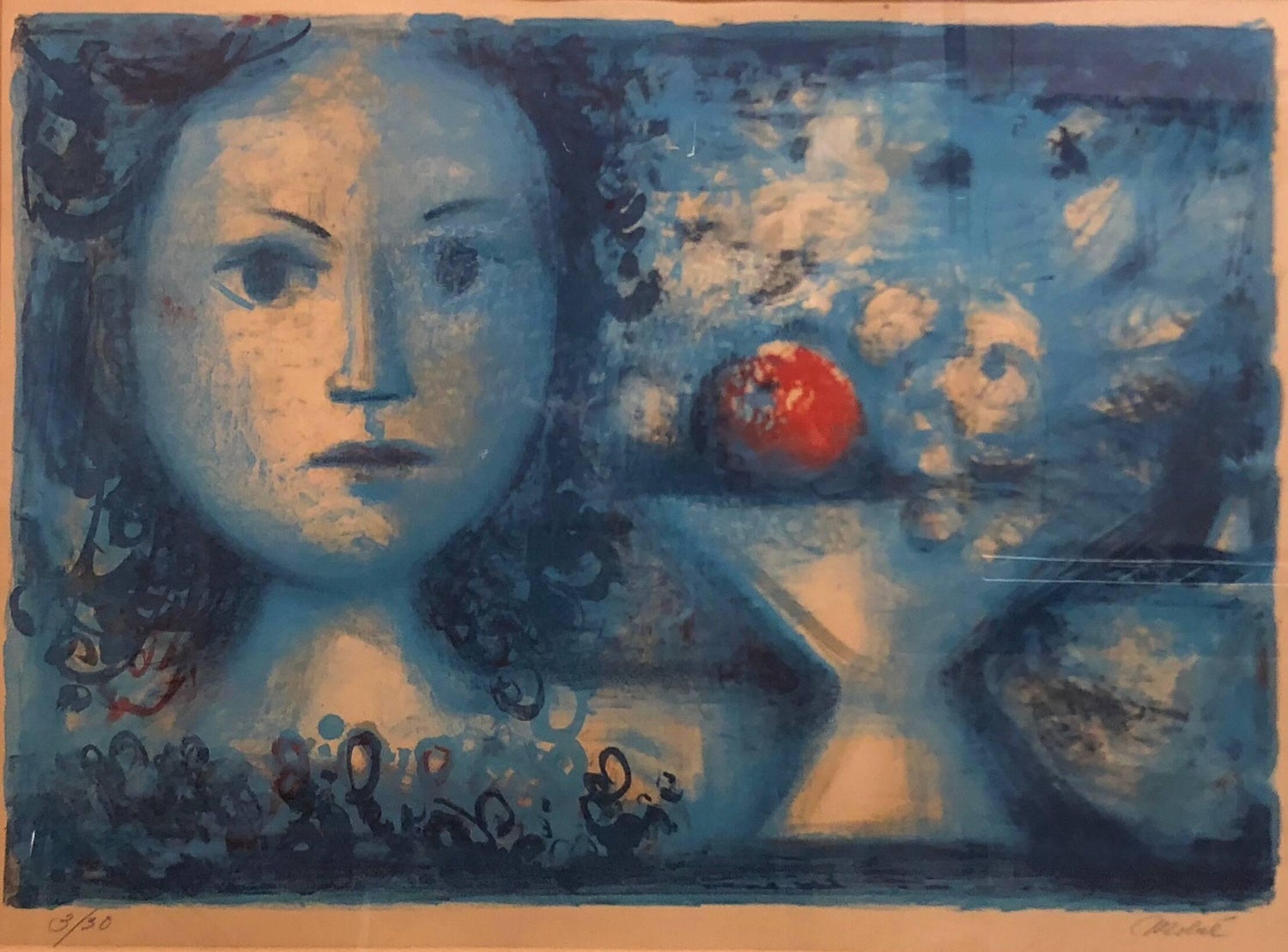 Spanish Catalan Surrealist Lithograph Portrait Girl with Fruit Still Life
