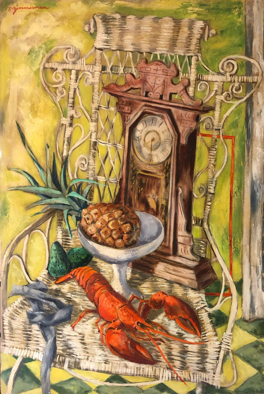Modernist Oil Painting Still Life Tableaux with Lobster, Pineapple and Clock