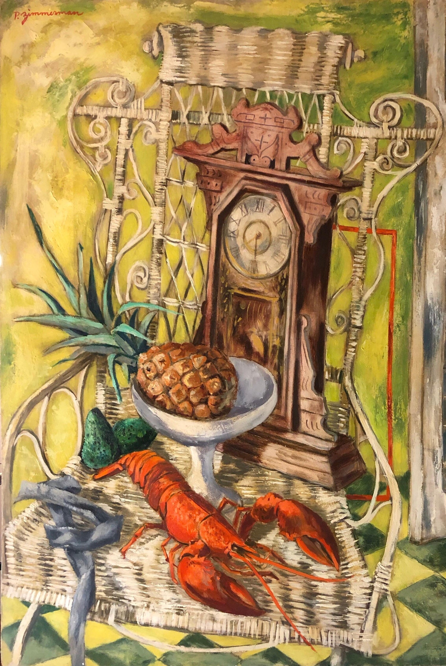 Modernist Oil Painting Still Life Tableaux with Lobster, Pineapple and Clock