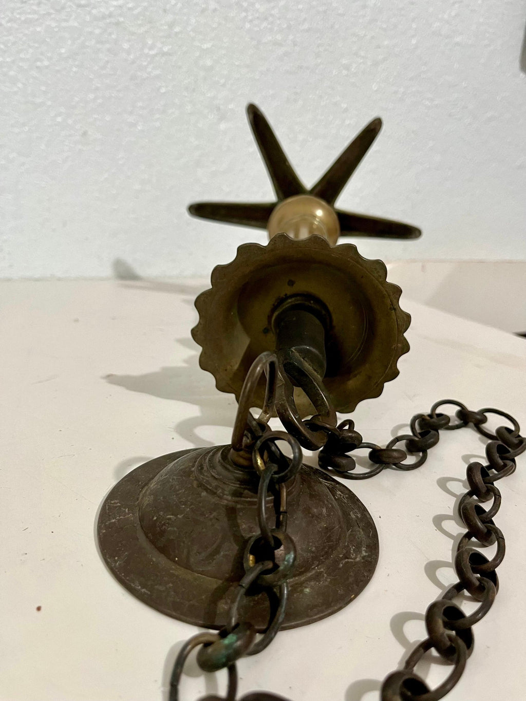 Rare Antique Judaica Hanging Bronze Jewish Synagogue or Temple Oil Lamp w Chain