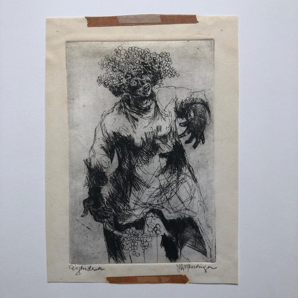 Dutch Fantastic Modern Etching, Jan Mensinga Old Master Style Wine Maker, Grapes