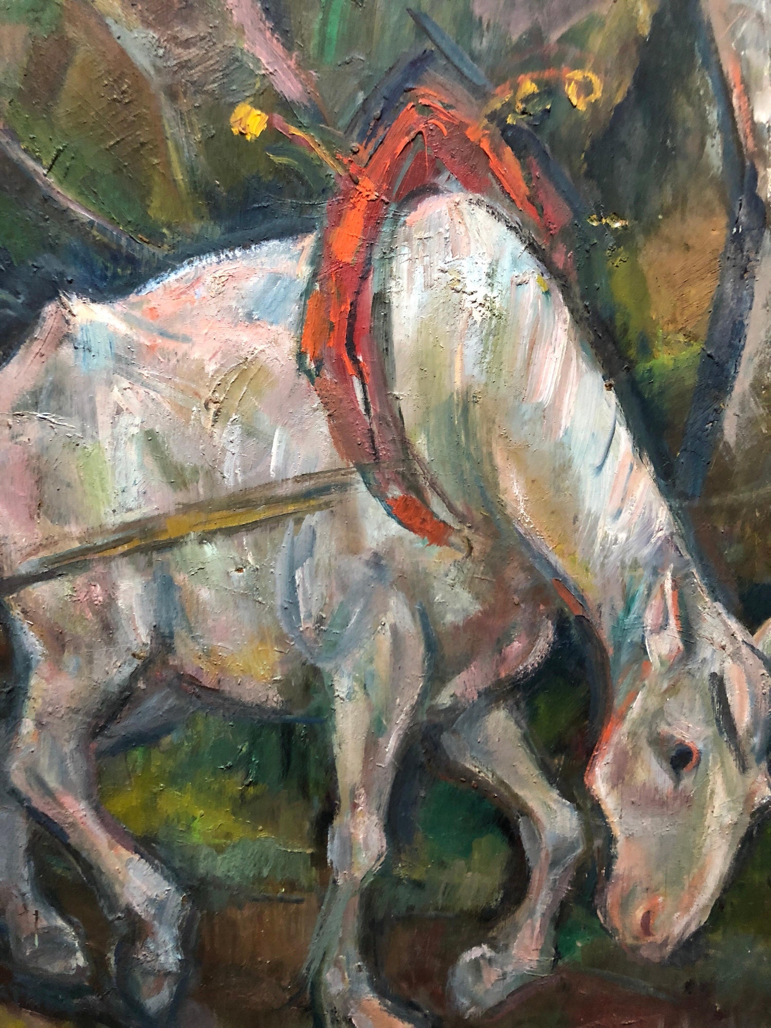 Large Modernist Oil Painting 1940s, Judaica Hasidic Shtetl Wagon Driver WPA Era