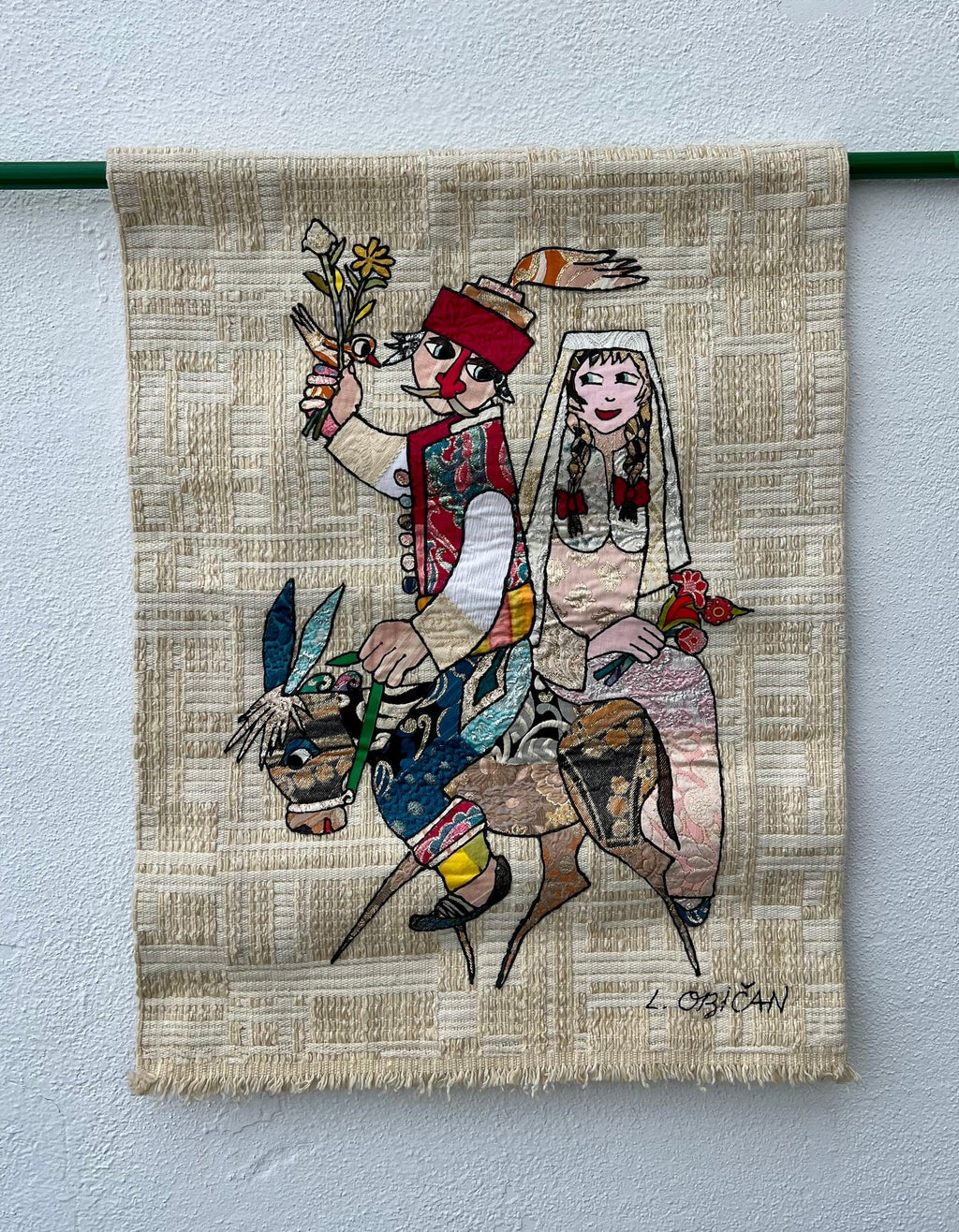 Naive European French Folk Art Jovan Lazar Obican Tapestry Wall Hanging Weaving