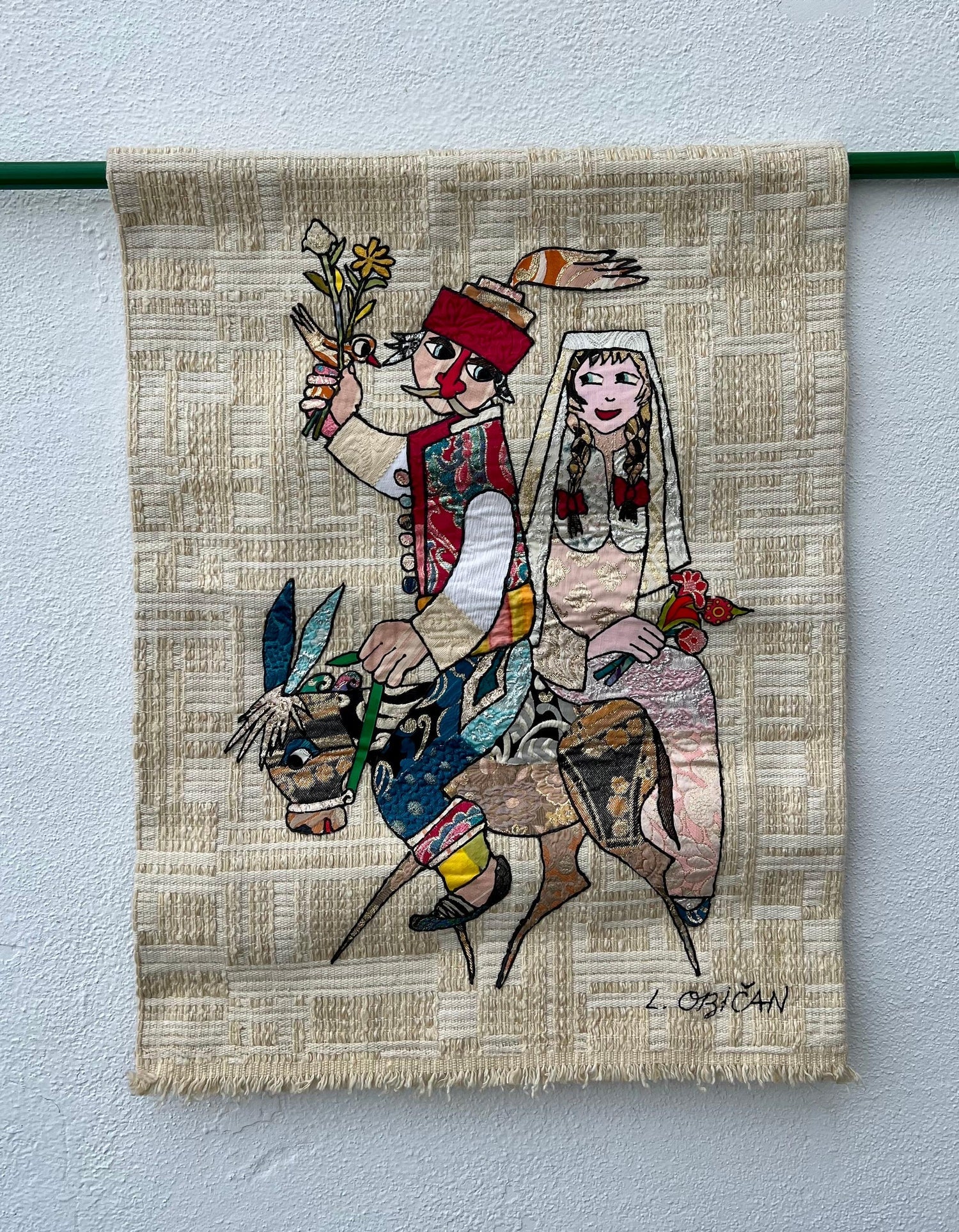 Naive European French Folk Art Jovan Lazar Obican Tapestry Wall Hanging Weaving