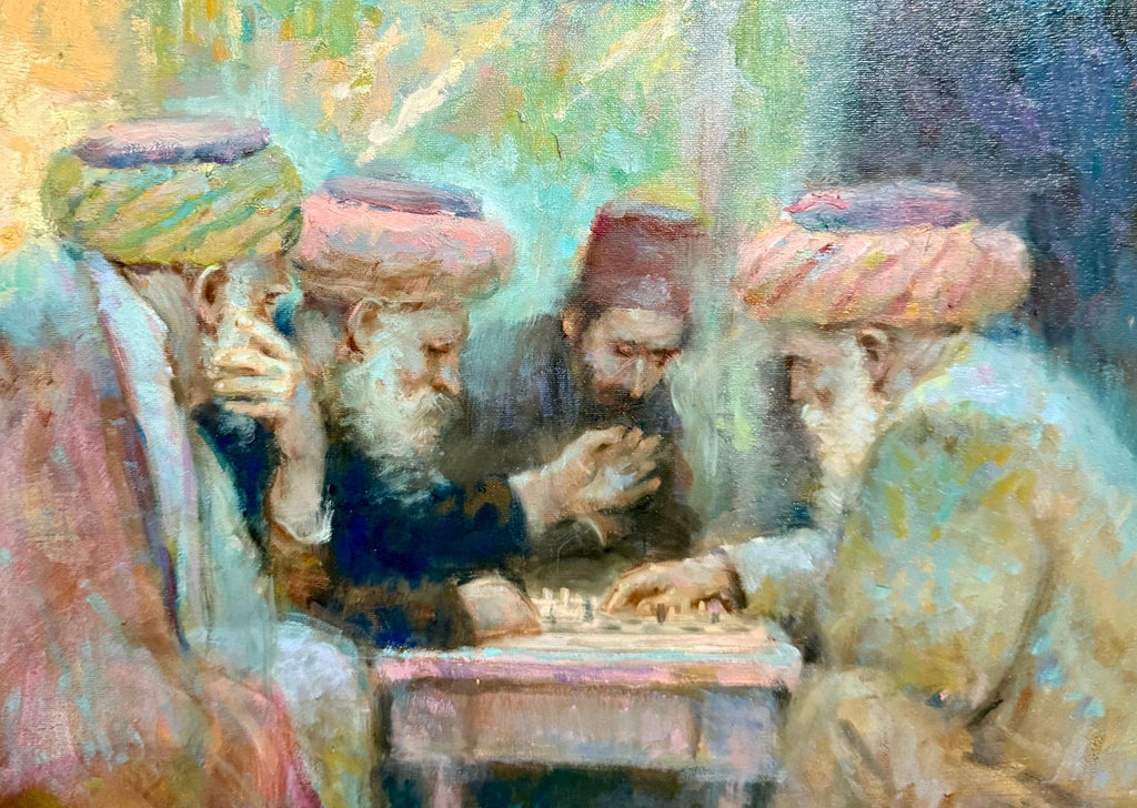 Richard Zolan Impressionist Oil Painting Judaica Sephardic Rabbi Playing Chess