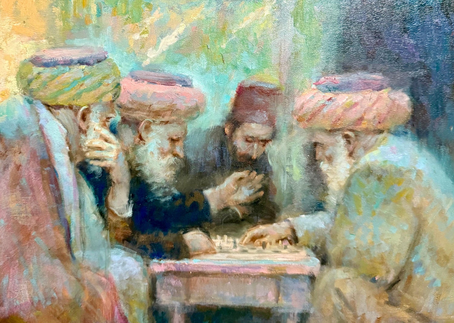 Richard Zolan Impressionist Oil Painting Judaica Sephardic Rabbi Playing Chess