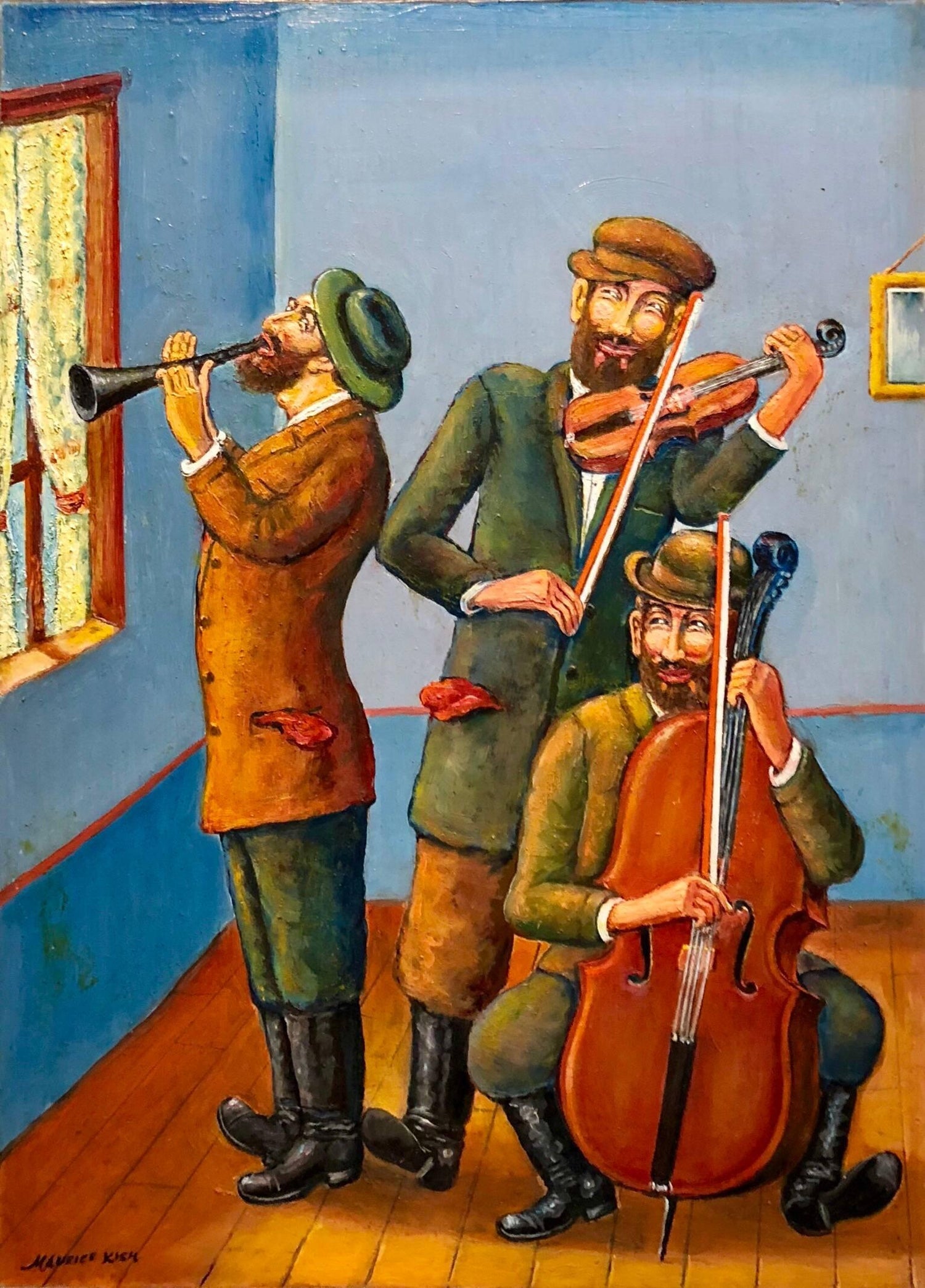 Three Klezmer Musicians Modern Judaica Shtetl Oil Painting WPA Jewish artist