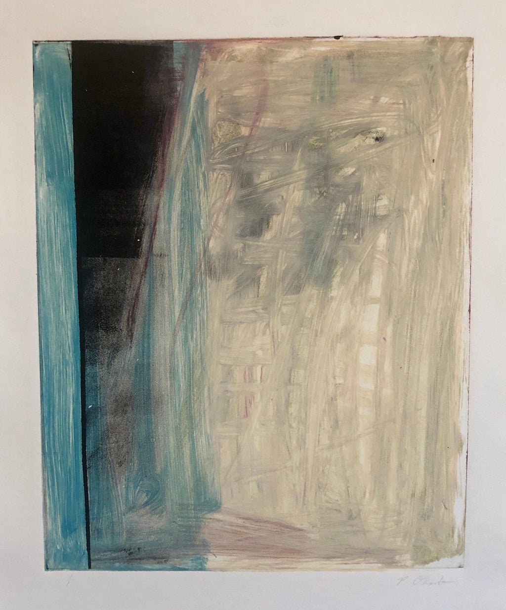 Abstract Expressionist Modernist Denim Blue Monoprint Monotype Painting Print