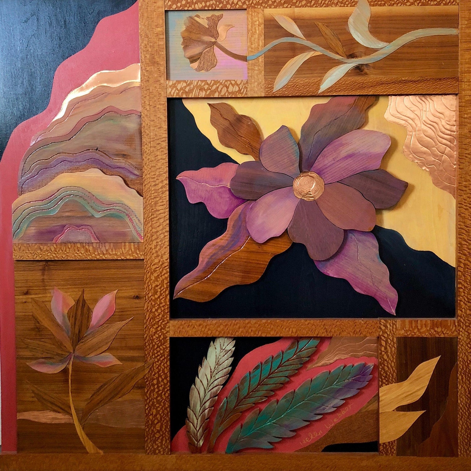 1970s  Large Wood, Copper Inlay Sculpture Wall Relief Tropical Flowers Motif