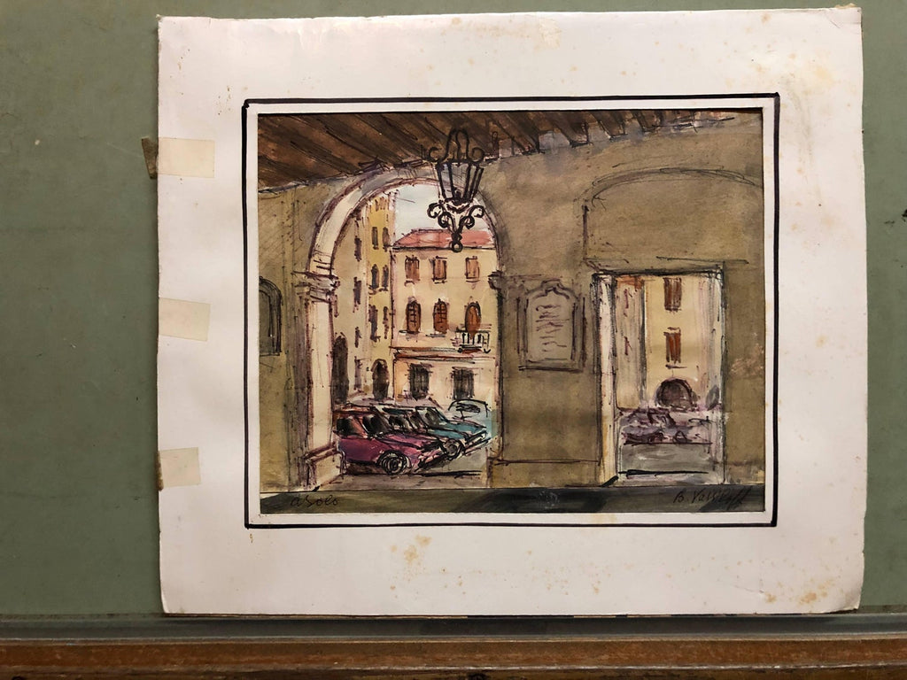 European Architectural Colonnaded Arcade Watercolor Painting