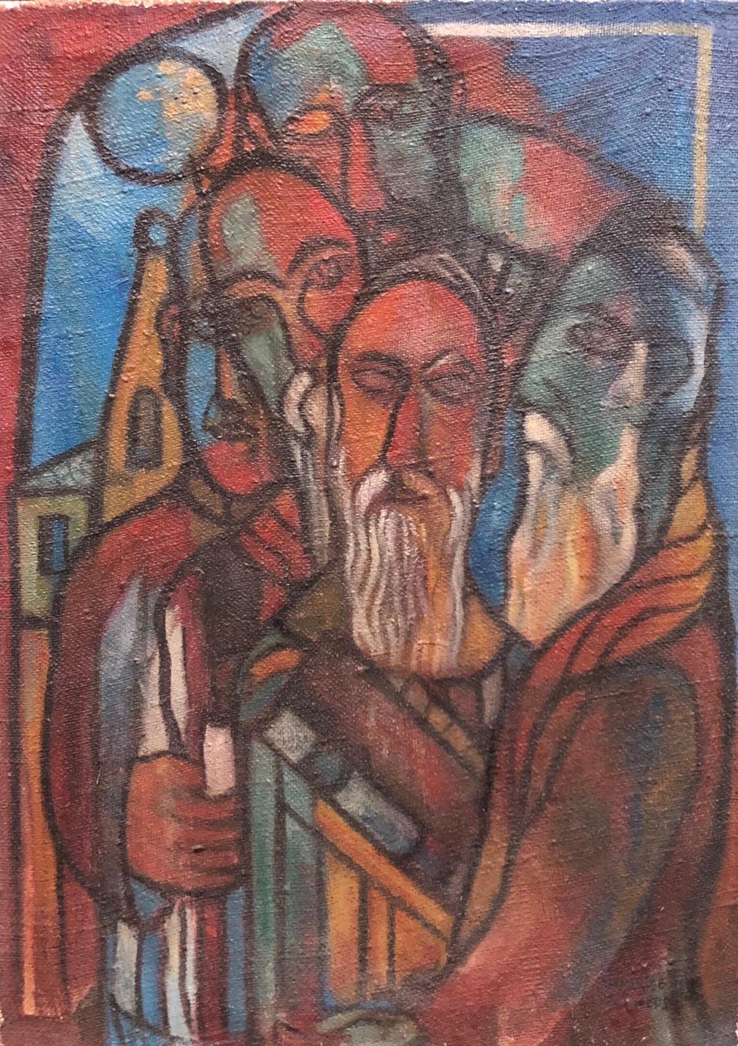 Modernist Judaica Oil Painting Blessing the New Moon, Jewish Prayer