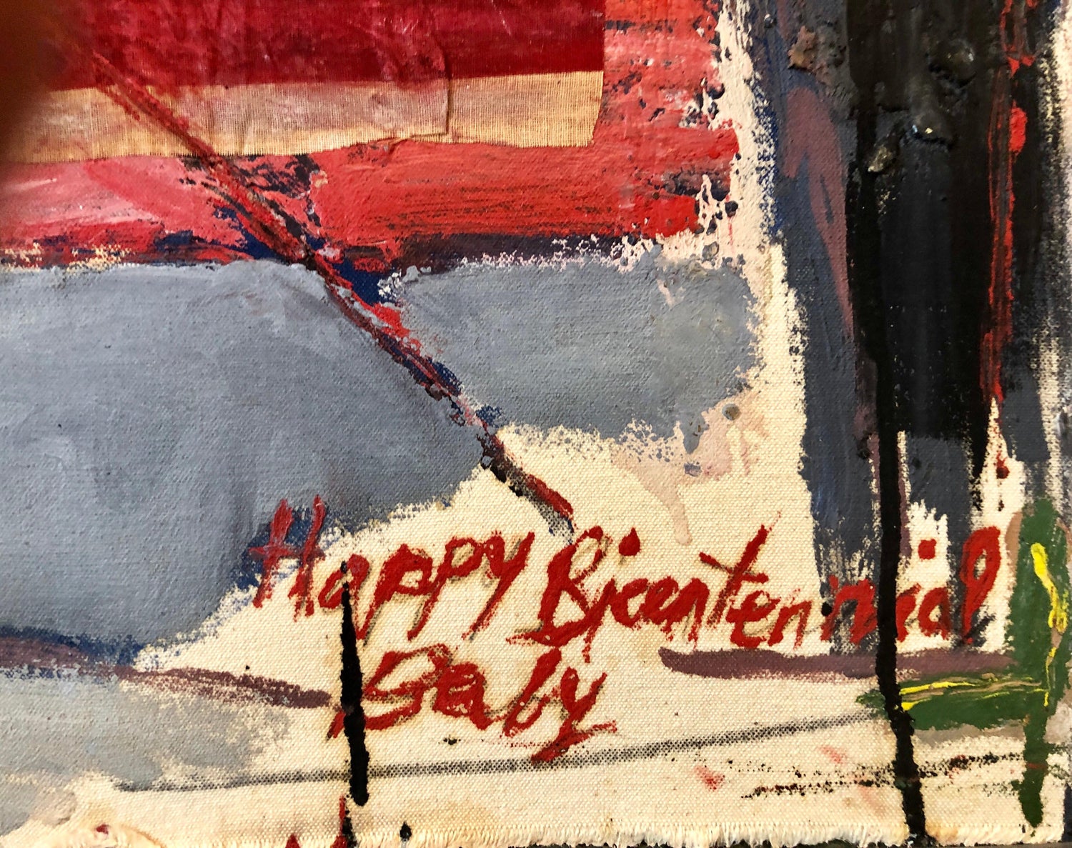 Abstract Expressionist Happy Bicentennial Baby, American Flag Collage Painting