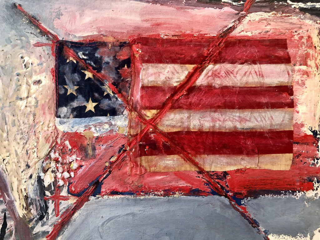 Abstract Expressionist Happy Bicentennial Baby, American Flag Collage Painting
