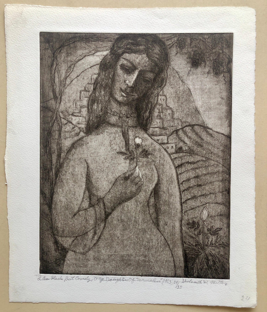 Modernist "I Am Black But Comely" Etching Israeli Judaica Bezalel School Woman