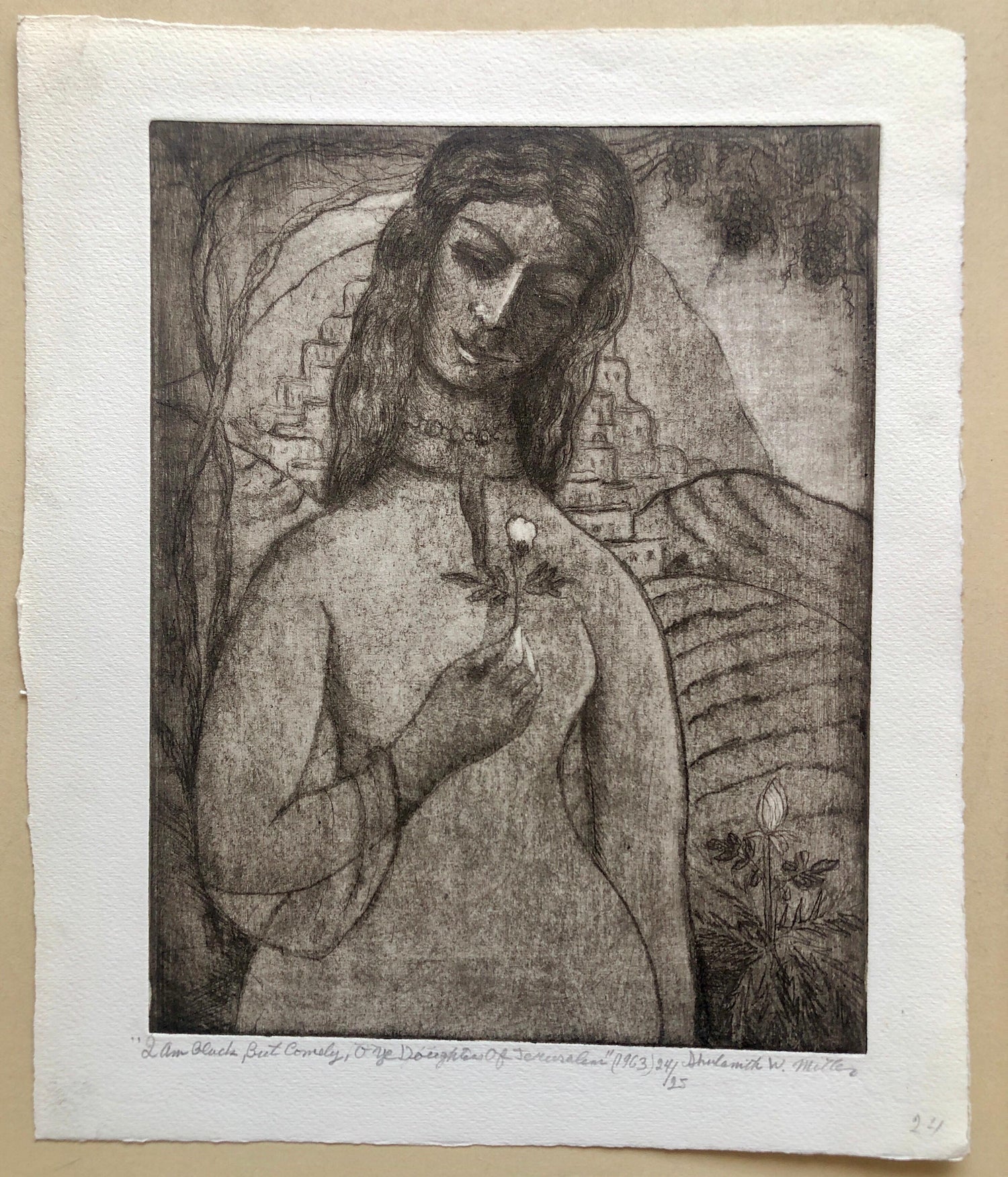 Modernist "I Am Black But Comely" Etching Israeli Judaica Bezalel School Woman