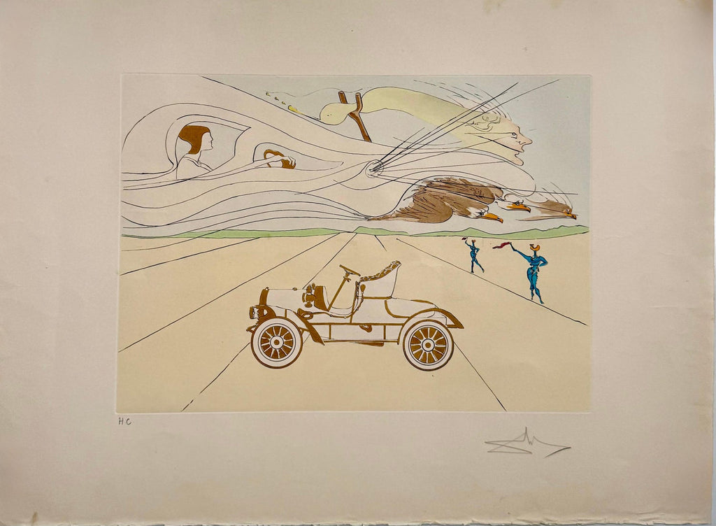 Salvador Dali Surrealist Etching Engraving Pochoir L'Automobile Da Vinci Hommage