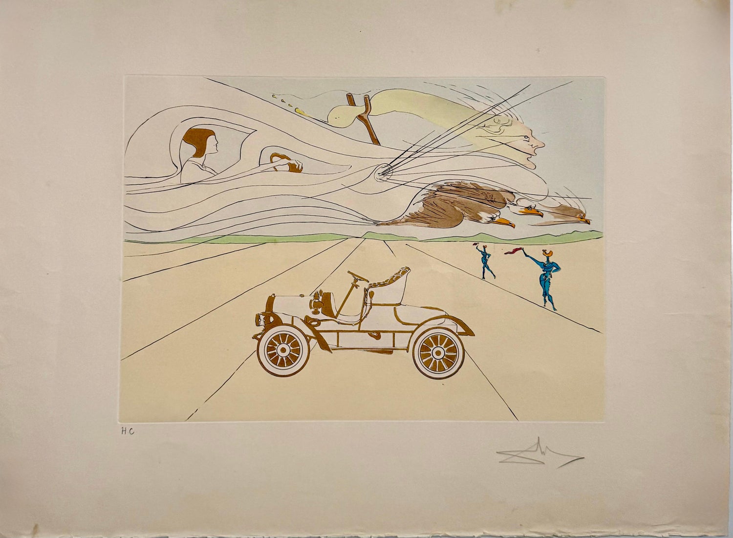 Salvador Dali Surrealist Etching Engraving Pochoir L'Automobile Da Vinci Hommage