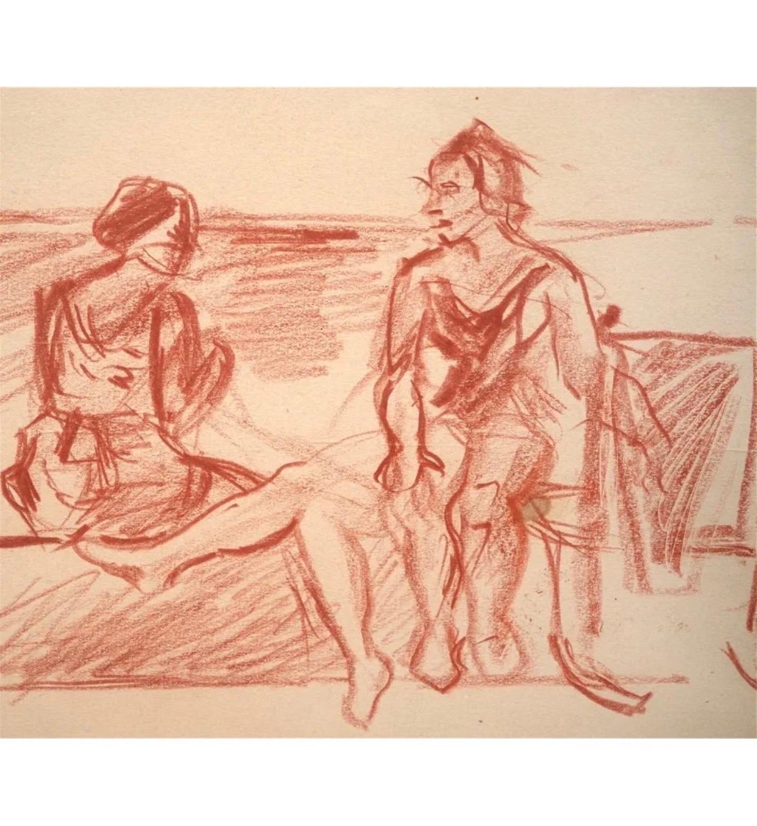Modernist Conte Crayon Drawing Beach Scene David Burliuk Russian Futurist