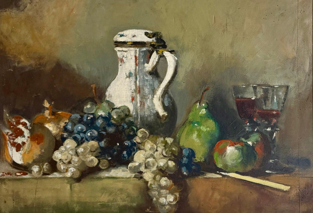 George Deem Appropriation Oil Painting Still Life, fruits, Grapes, Pomegranates