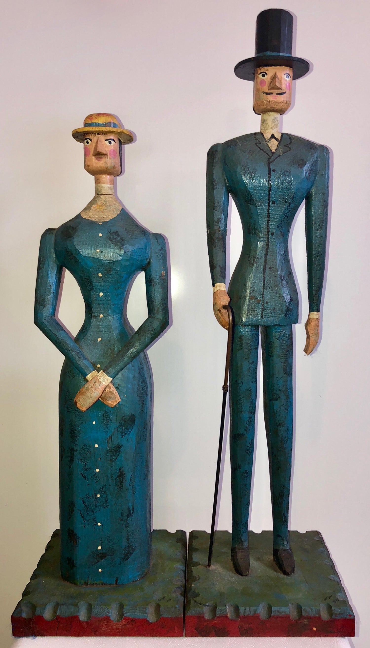 Hand Carved Painted Wood Folk Art Americana Sculpture Pair American Gothic