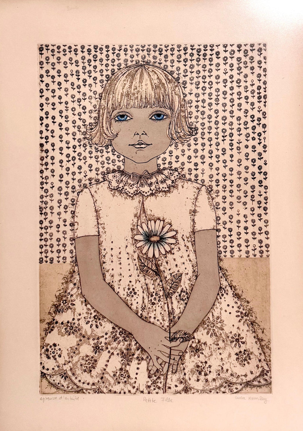 Hand Colored Etching Cuca Romley Naive Folk Art Young Girl Period Frame