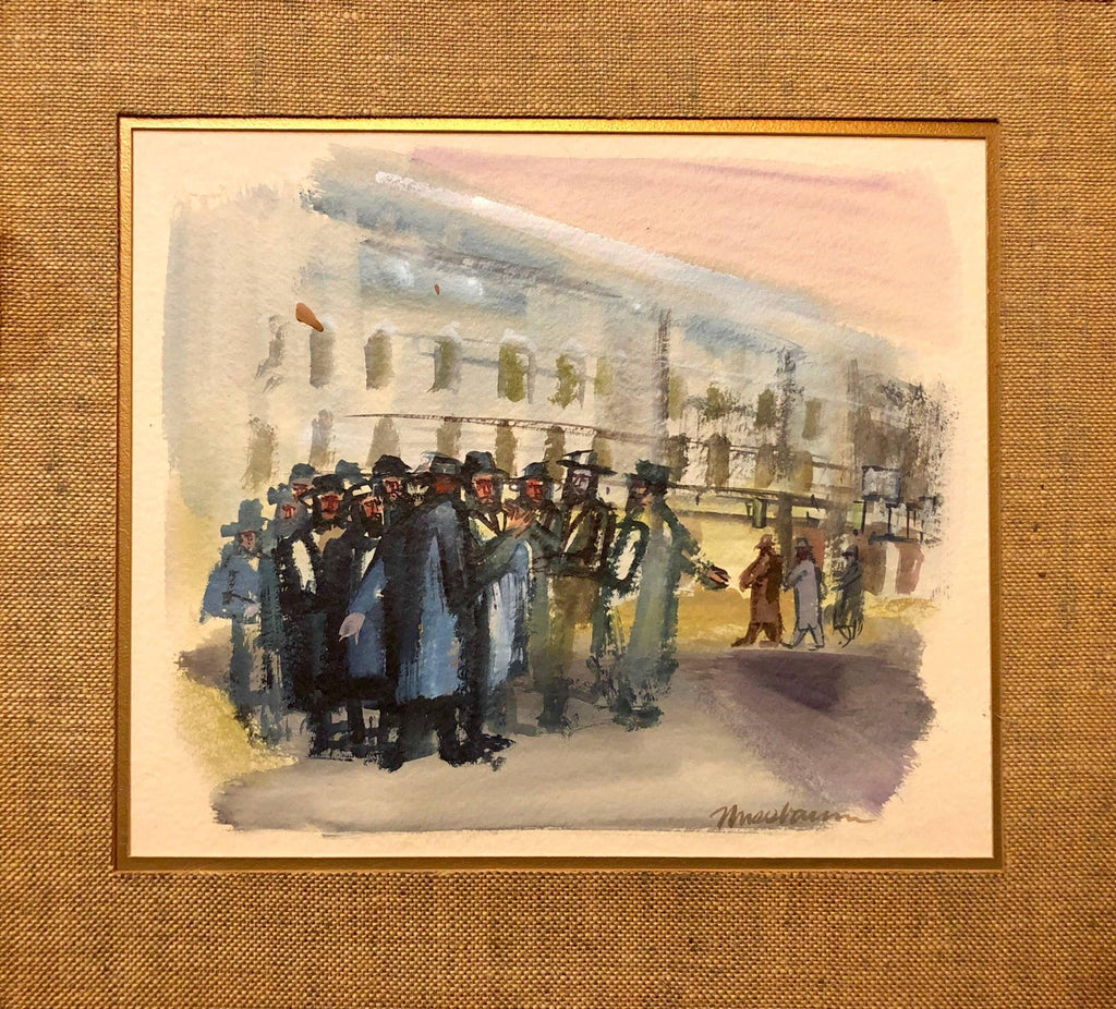 Modernist American Judaica Painting Jewish Men Outside Synagogue Eastern Parkway