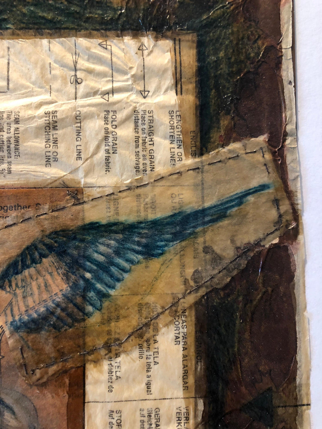 Angel Wings Mixed Media Collage Painting Assemblage Piece Stitched and Sewn