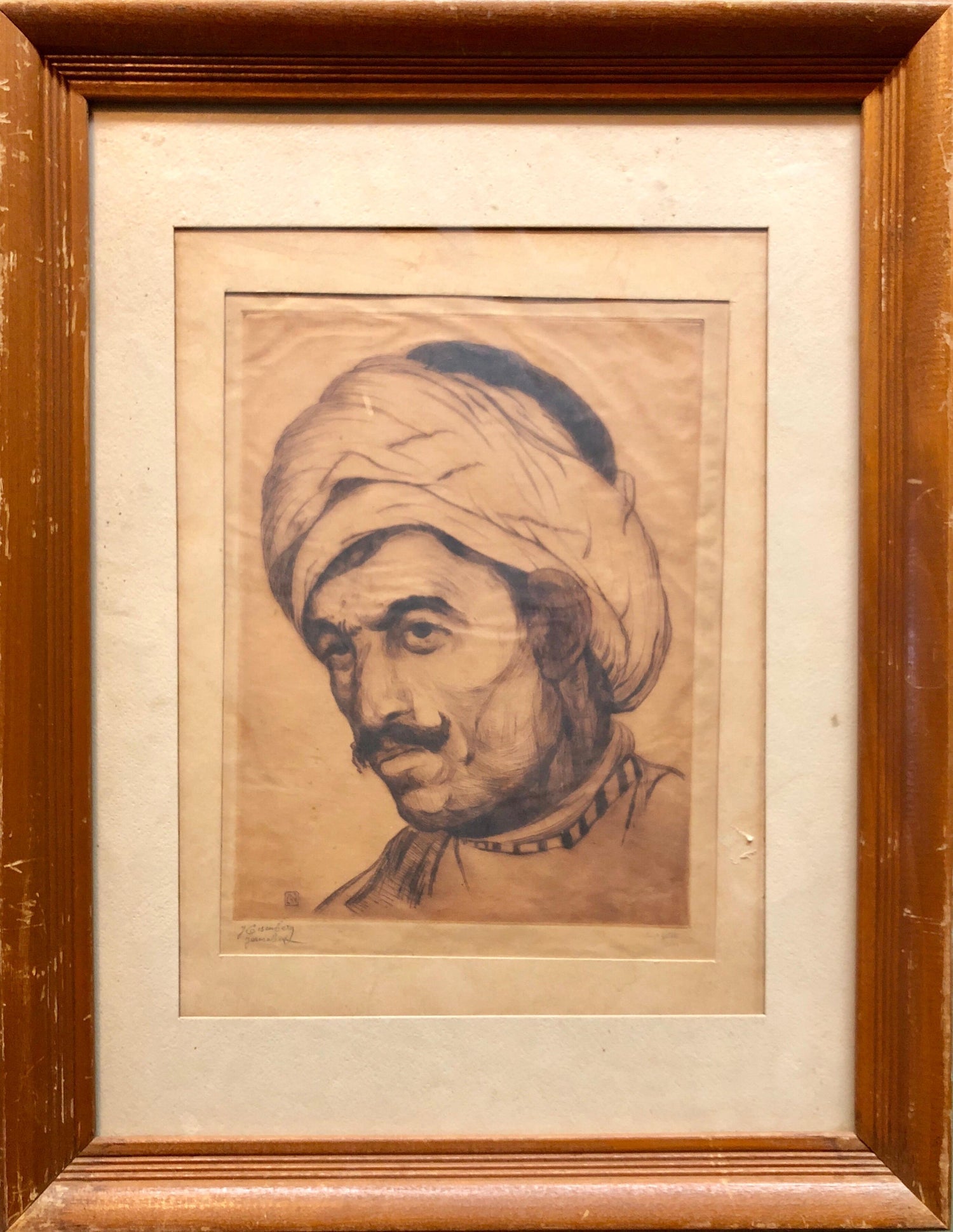 Bezalel School Jerusalem, Middle Eastern Arab Man in Turban Circa 1920s Etching