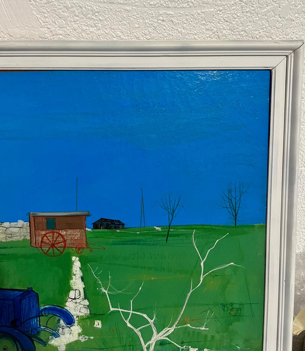 1950's Mid Century French Modernism Abandoned Fiat Automobile Art  Oil Painting