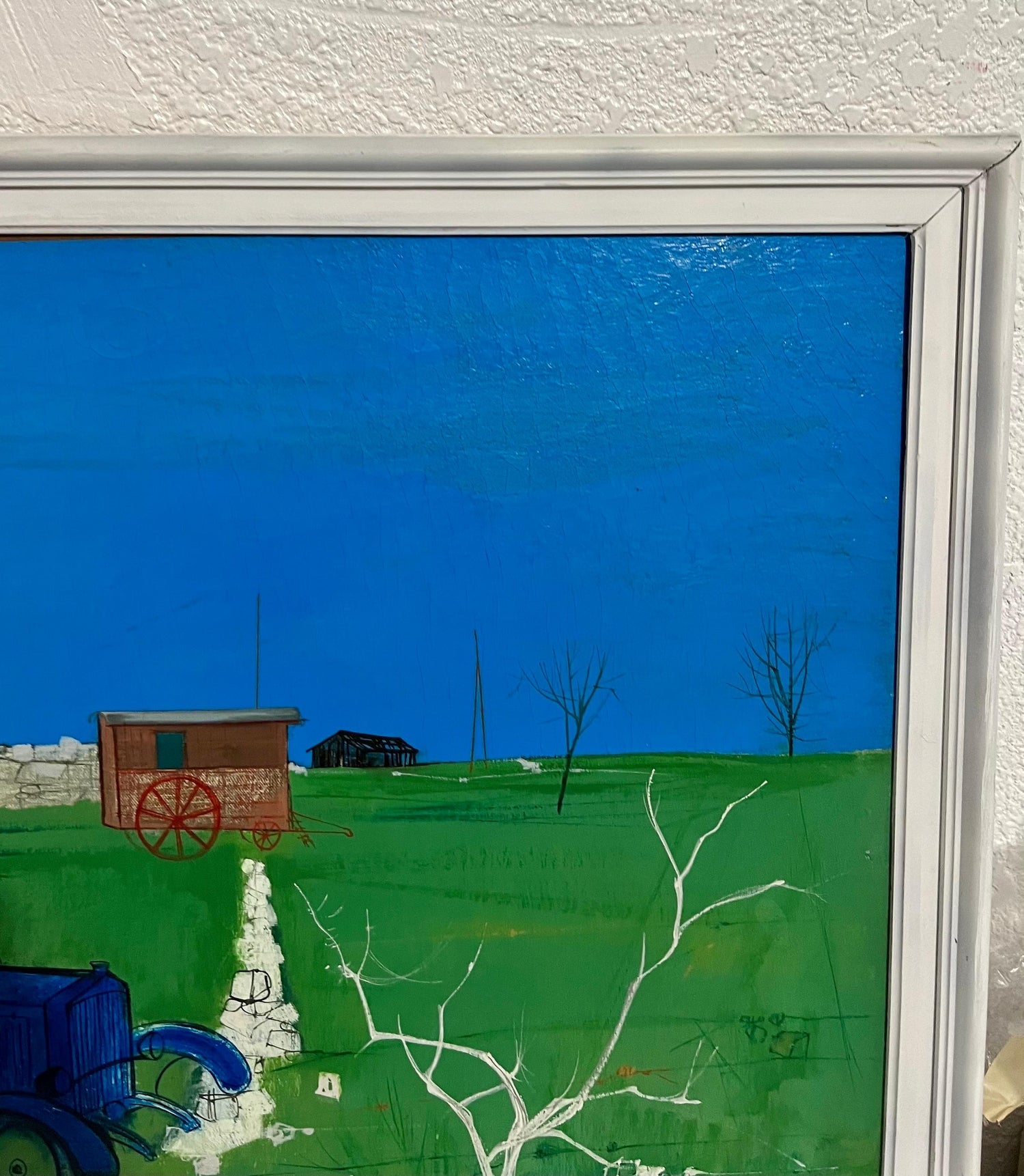 1950's Mid Century French Modernism Abandoned Fiat Automobile Art  Oil Painting