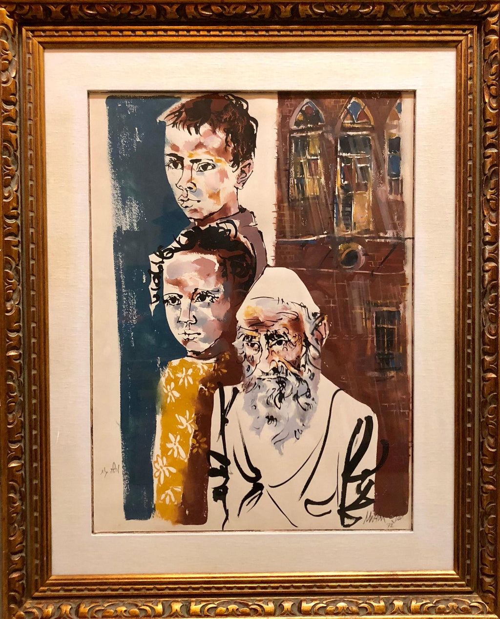 Large Watercolor Painting Israeli Modernist Judaica Rabbi with Children, Bezalel