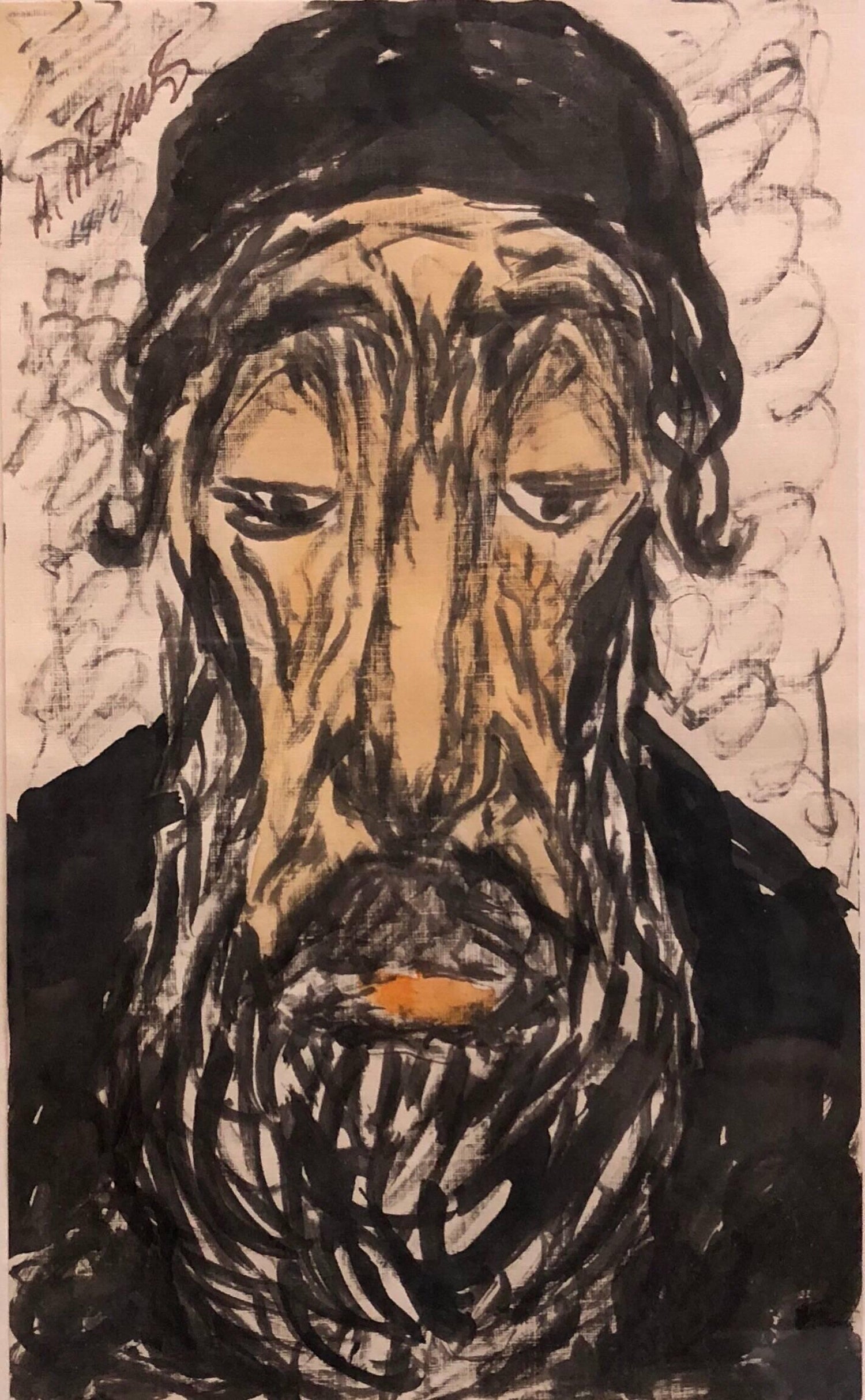 Modernist Watercolor Painting, Portrait of a Man, Judaica Rabbi