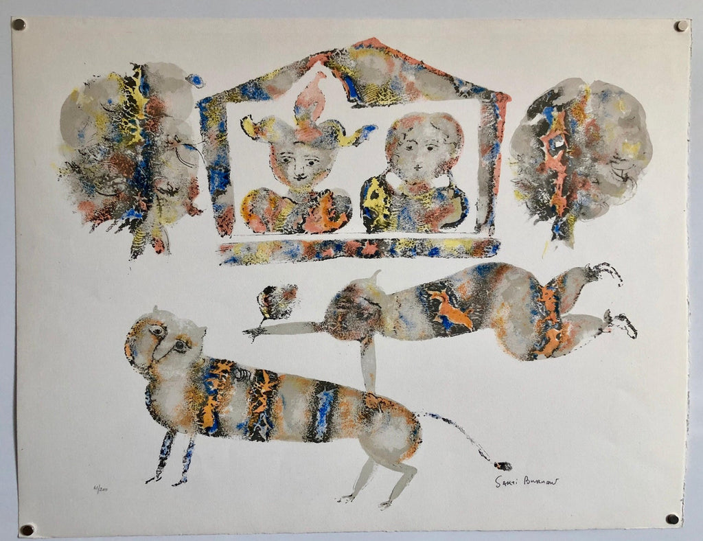 Contemporary Indian Art Master Lithograph in Color Abstract Figures with Cat