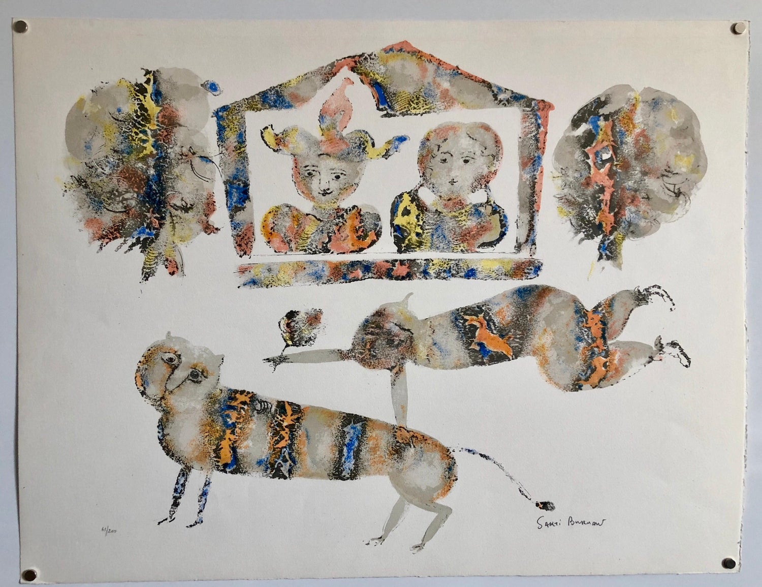 Contemporary Indian Art Master Lithograph in Color Abstract Figures with Cat