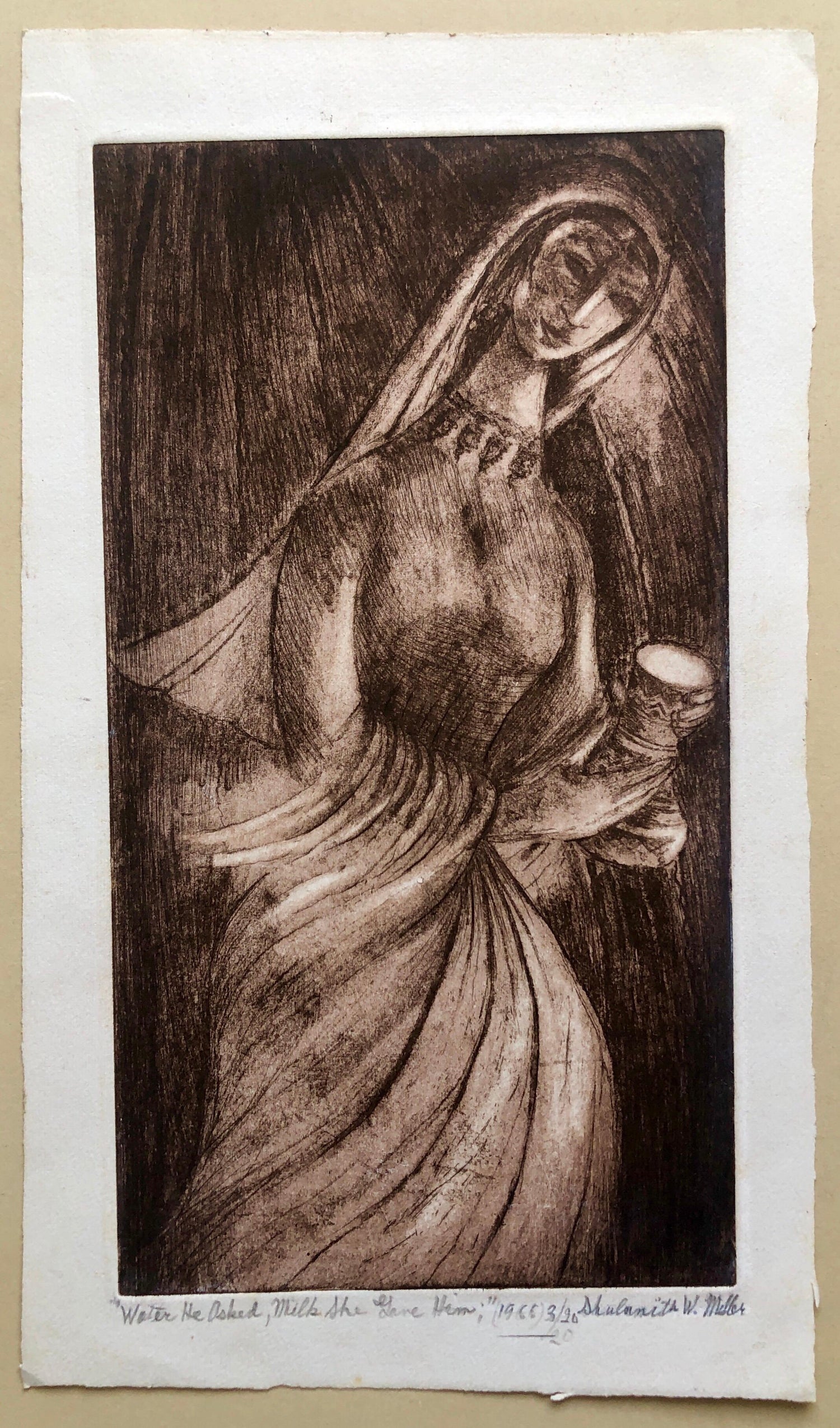 "Water He Asked Milk She Gave Him" Etching Israeli Judaica Bezalel School Woman