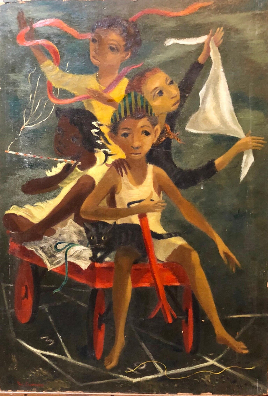 Modernist Oil Painting Social Realist Kids and Cat in Red Wagon WPA Style