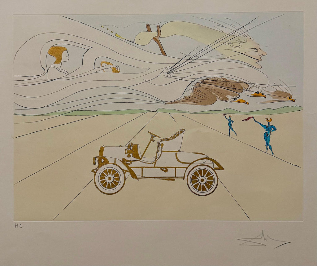 Salvador Dali Surrealist Etching Engraving Pochoir L'Automobile Da Vinci Hommage