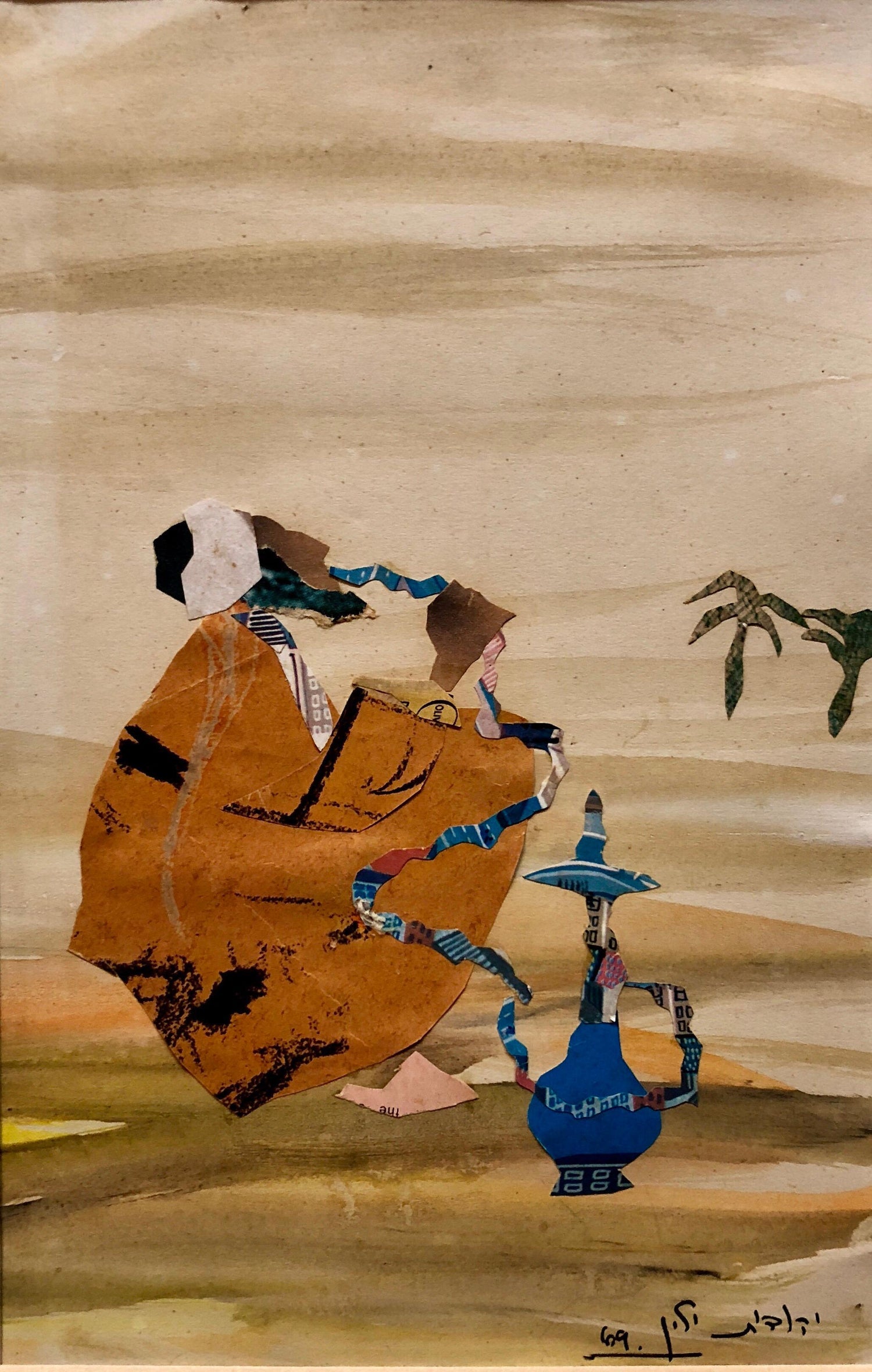 Israeli Abstract Figure, Hookah Pipe Smoker, Torn Paper Collage Painting Bezalel