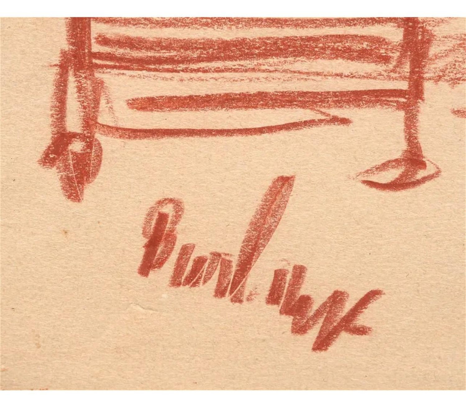 Modernist Conte Crayon Drawing Beach Scene David Burliuk Russian Futurist
