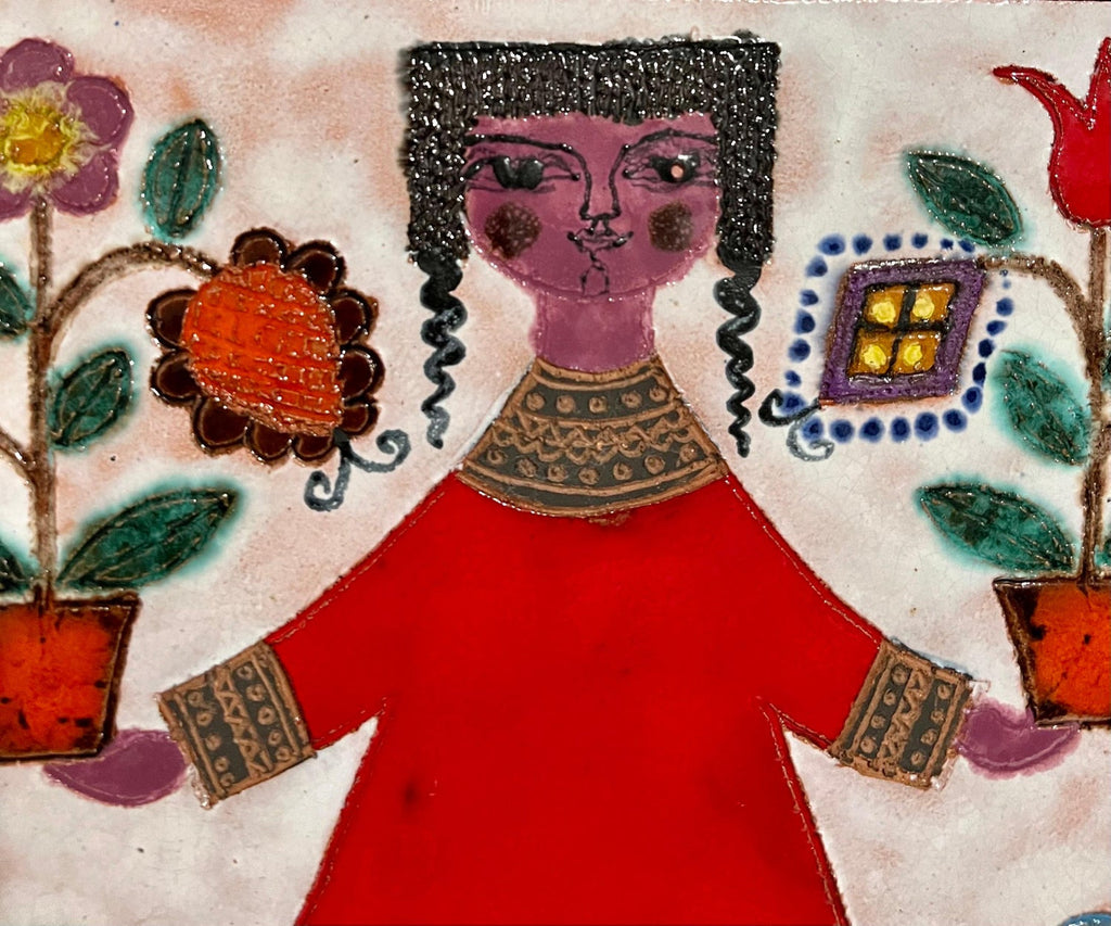 Girl & Plants Enamel Glazed Ceramic Plaque Israeli Artist Awret Naive Folk Art