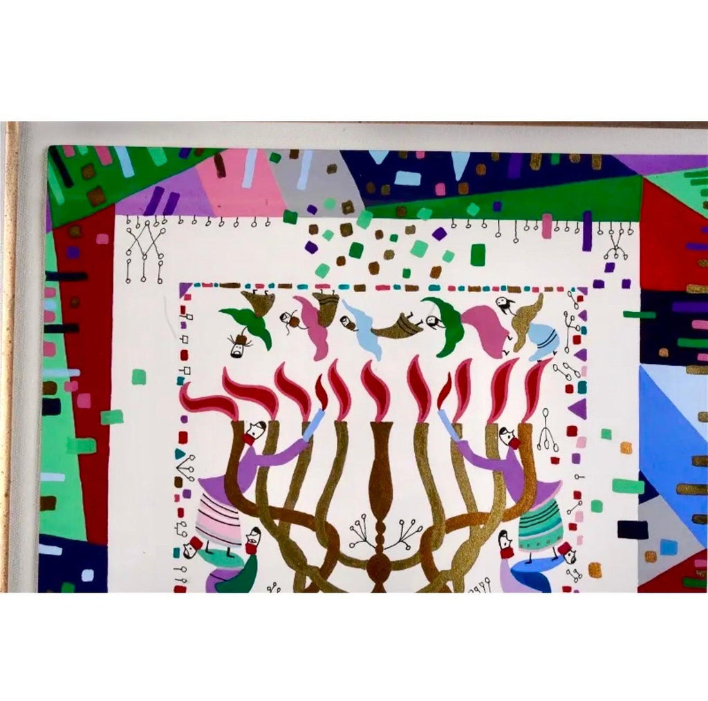 Vibrant Judaica Israeli Hanukkah Sephardic Kabbalah Painting Raphael Abecassis