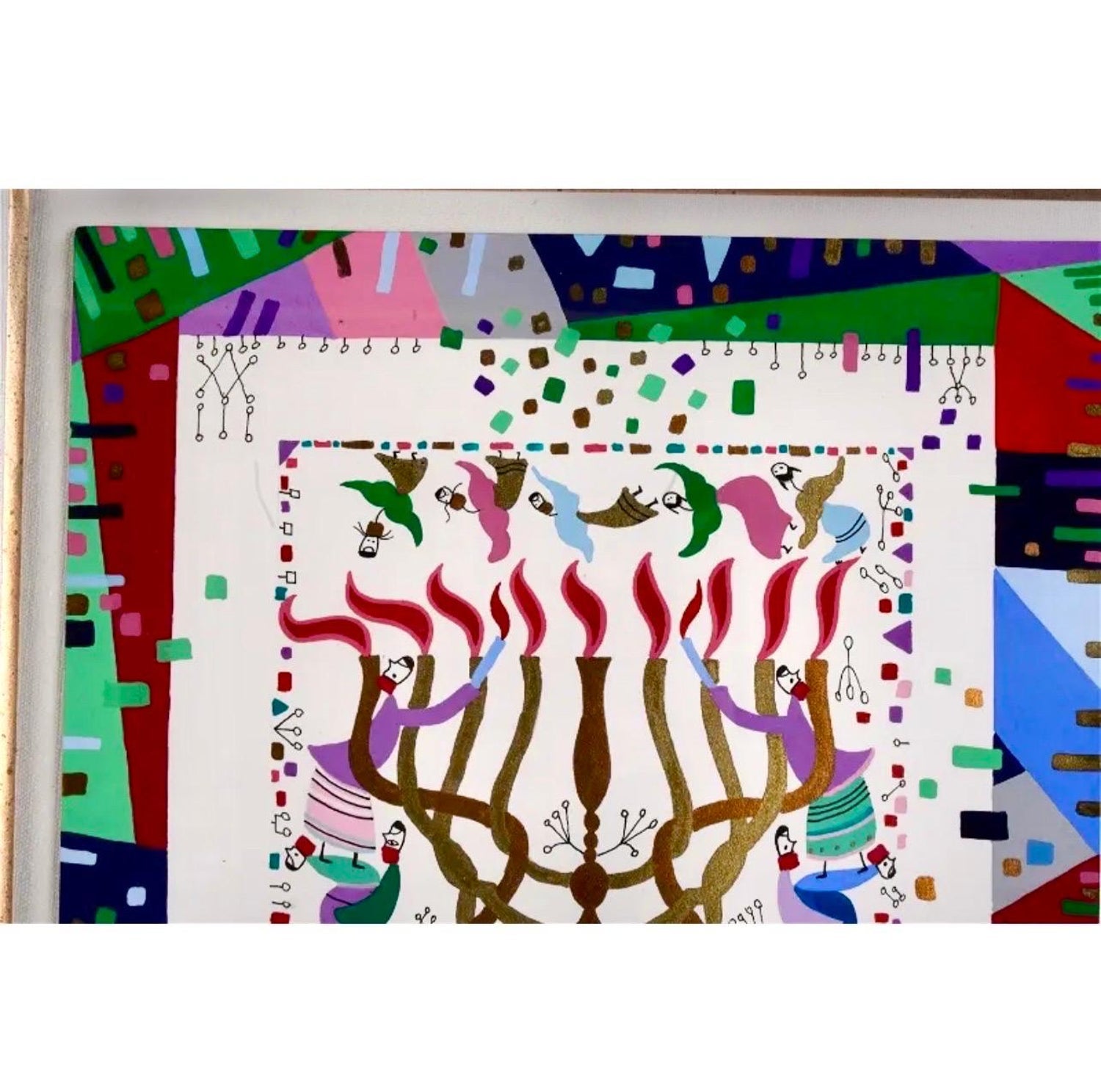 Vibrant Judaica Israeli Hanukkah Sephardic Kabbalah Painting Raphael Abecassis